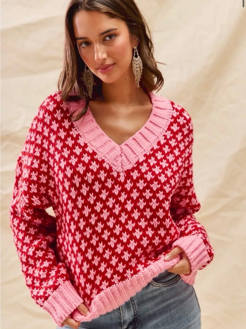 Altard State V-Neck Pink And Red Women's Sweater